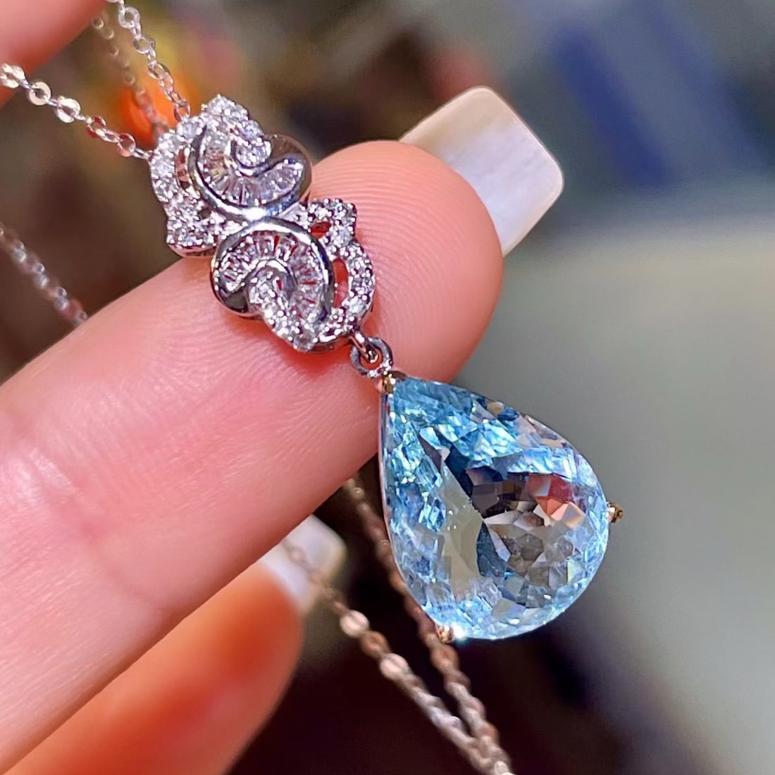 14k Gold 3.95 Ctw Natural Aquamarine & Diamond Pendant( Without Chain ) - 2