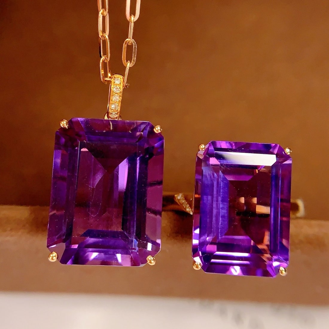 14k Gold 19.50 Ct Natural Amethyst & Diamond Jewelry Set - 3