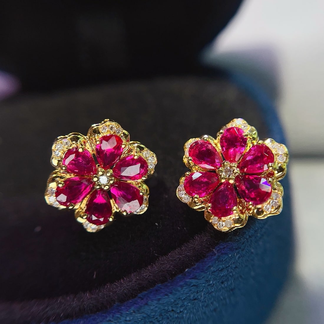 14k Gold 2.10 Ct Natural Ruby & Diamond & Flowers Earrings - 2