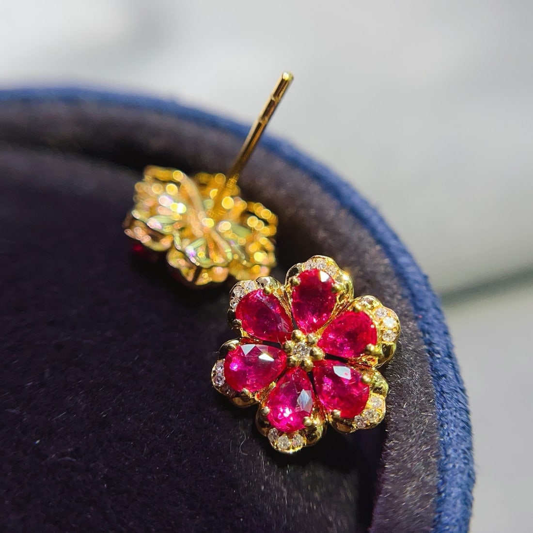 14k Gold 2.10 Ct Natural Ruby & Diamond & Flowers Earrings - 5