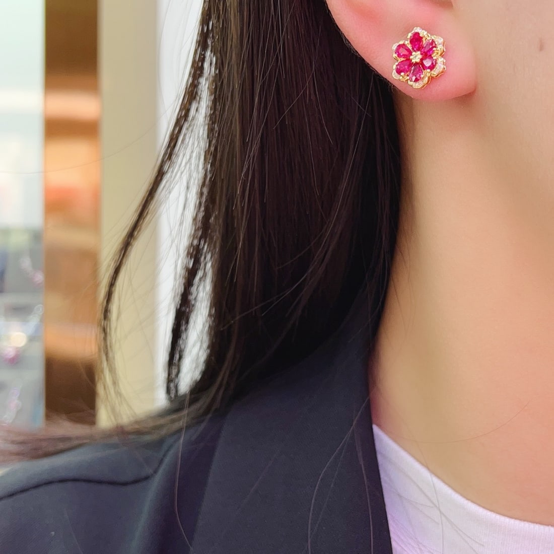 14k Gold 2.10 Ct Natural Ruby & Diamond & Flowers Earrings - 6