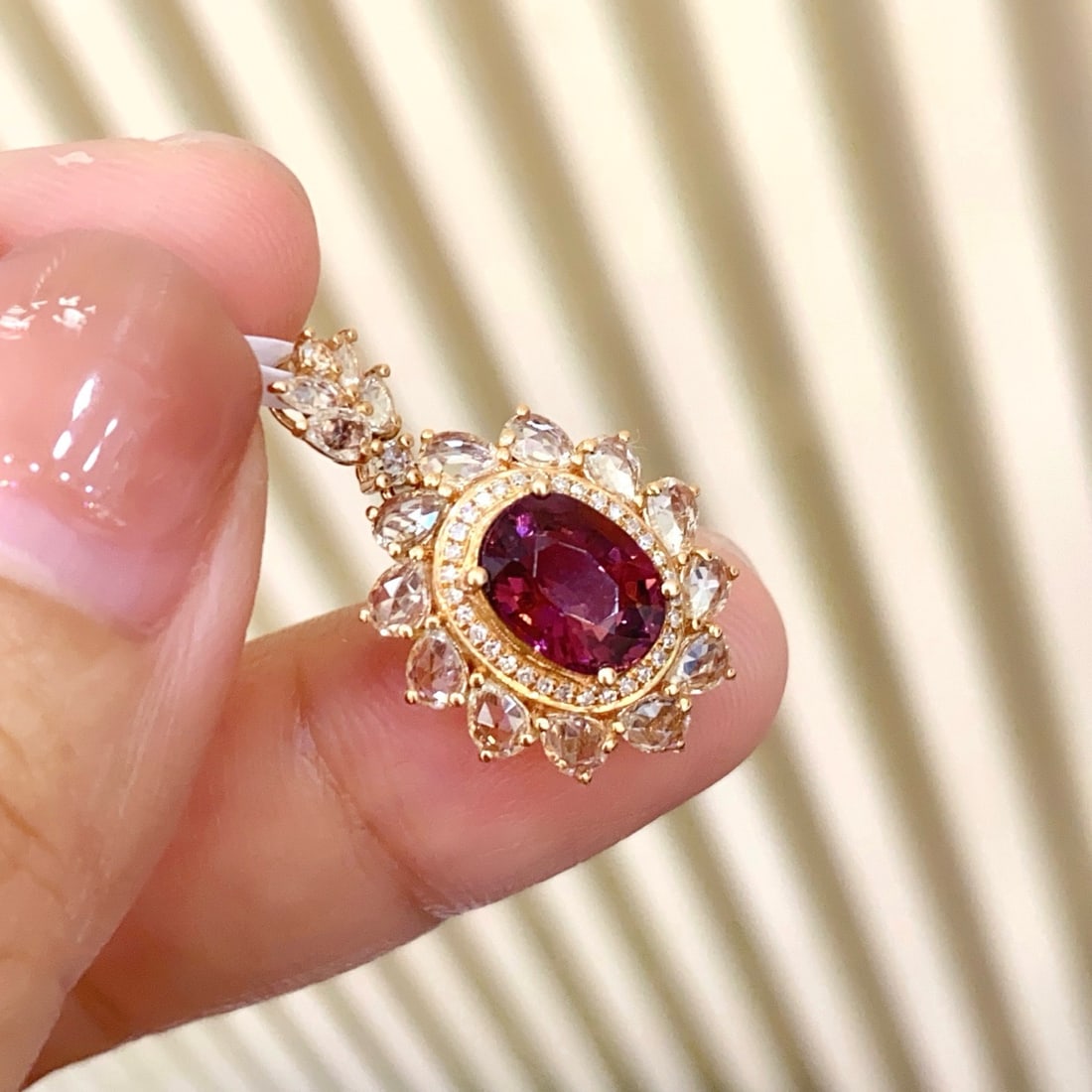 14k Gold 1.40 Ct Natural Tourmaline & Sapphire & Diamond Pendant( Without Chain ): Ref:231180367 // gold content:14k gold // main gemstone:tourmaline // shape:oval // carat weight:1. 40ct // color:red // treatment:natural // // adjacent gemstone 2 : sapphire // shape:multiple //