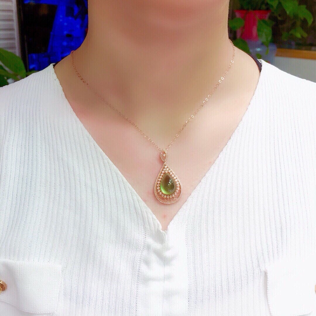 14k Gold 11.7 Ct Natural Prehnite & Diamond Pendant( Without Chain ) - 6