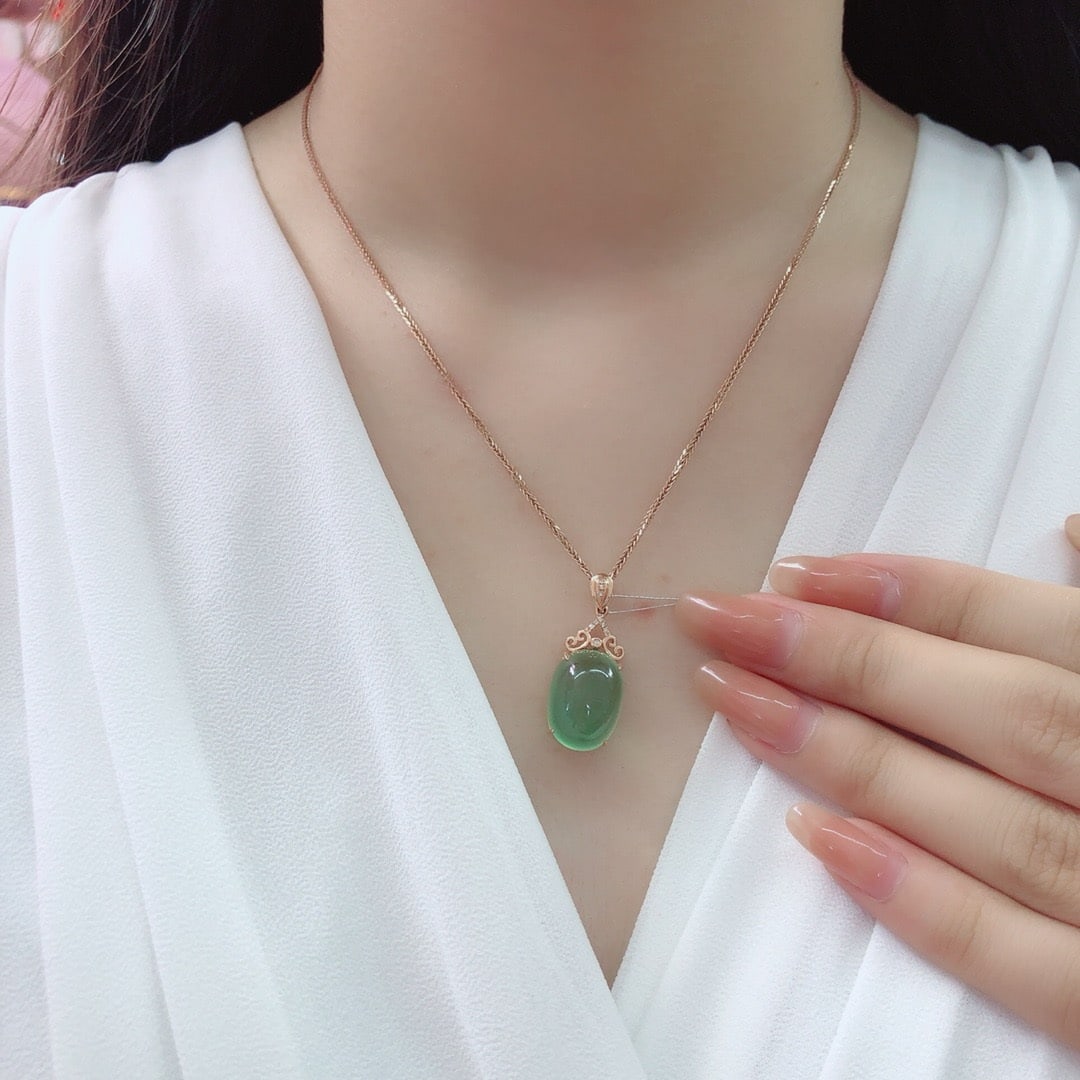 14k Gold 17.54 Ct Natural Prehnite & Diamond Pendant( Without Chain ) - 6