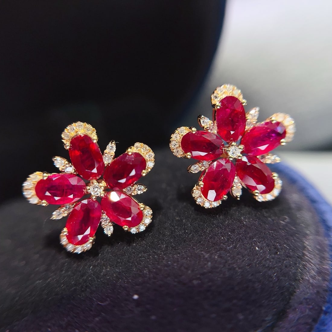 14k Gold 3.45 Ct Natural Ruby & Diamond & Flowers Earrings: Ref:231180393 // gold content:14k gold // main gemstone:ruby // shape:oval // carat weight:3. 45ct // color:red // treatment:natural // // adjacent gemstone 2 : diamond // number of stones:32 //