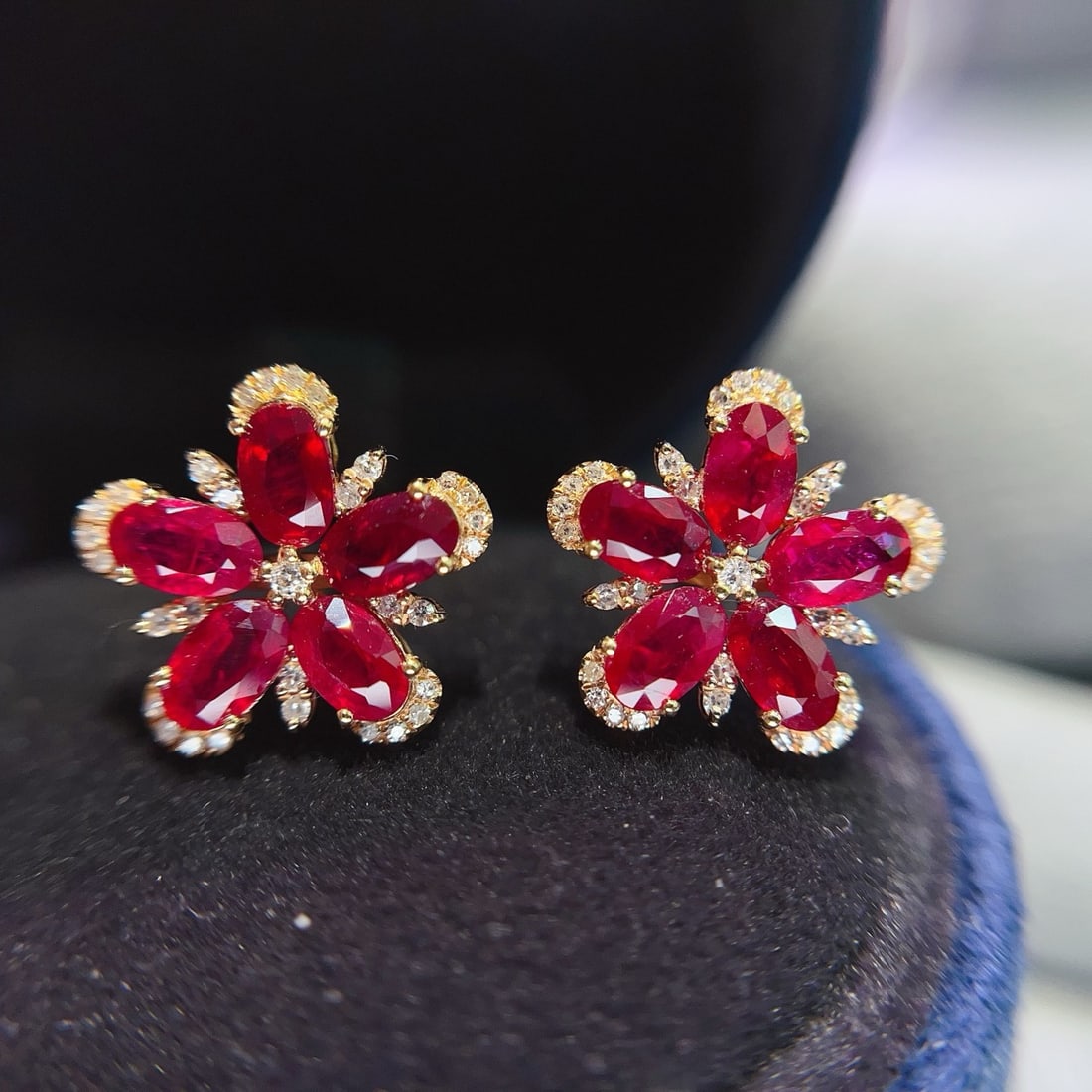 14k Gold 3.45 Ct Natural Ruby & Diamond & Flowers Earrings - 2