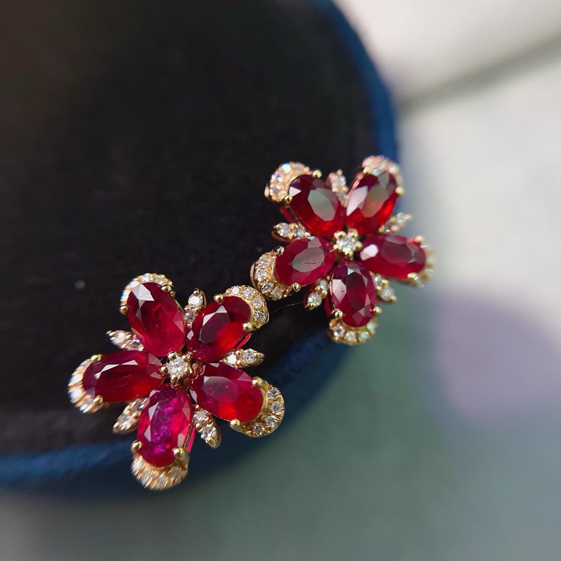 14k Gold 3.45 Ct Natural Ruby & Diamond & Flowers Earrings - 3