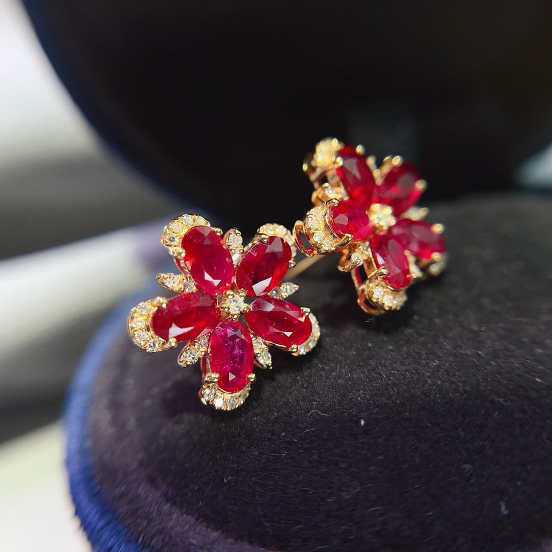 14k Gold 3.45 Ct Natural Ruby & Diamond & Flowers Earrings - 5
