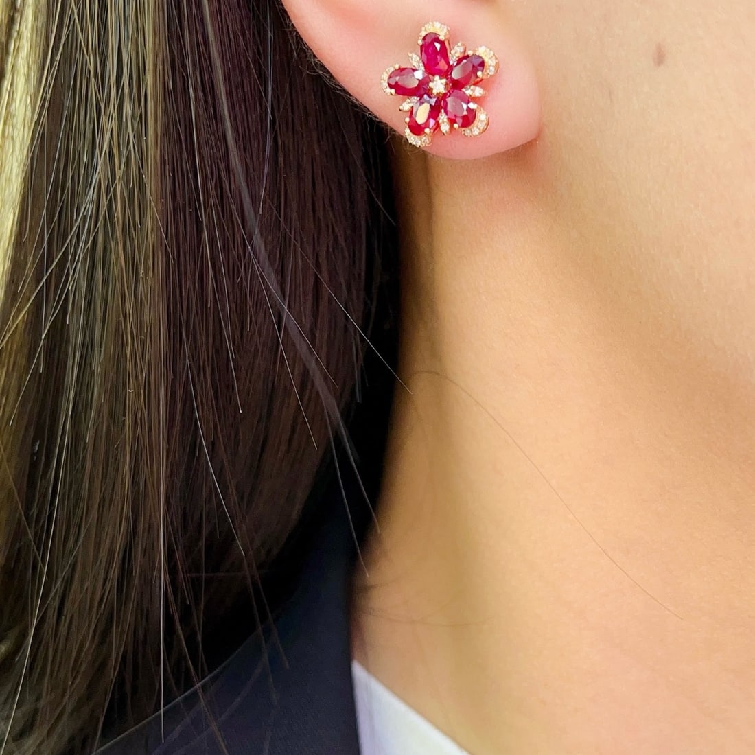 14k Gold 3.45 Ct Natural Ruby & Diamond & Flowers Earrings - 6