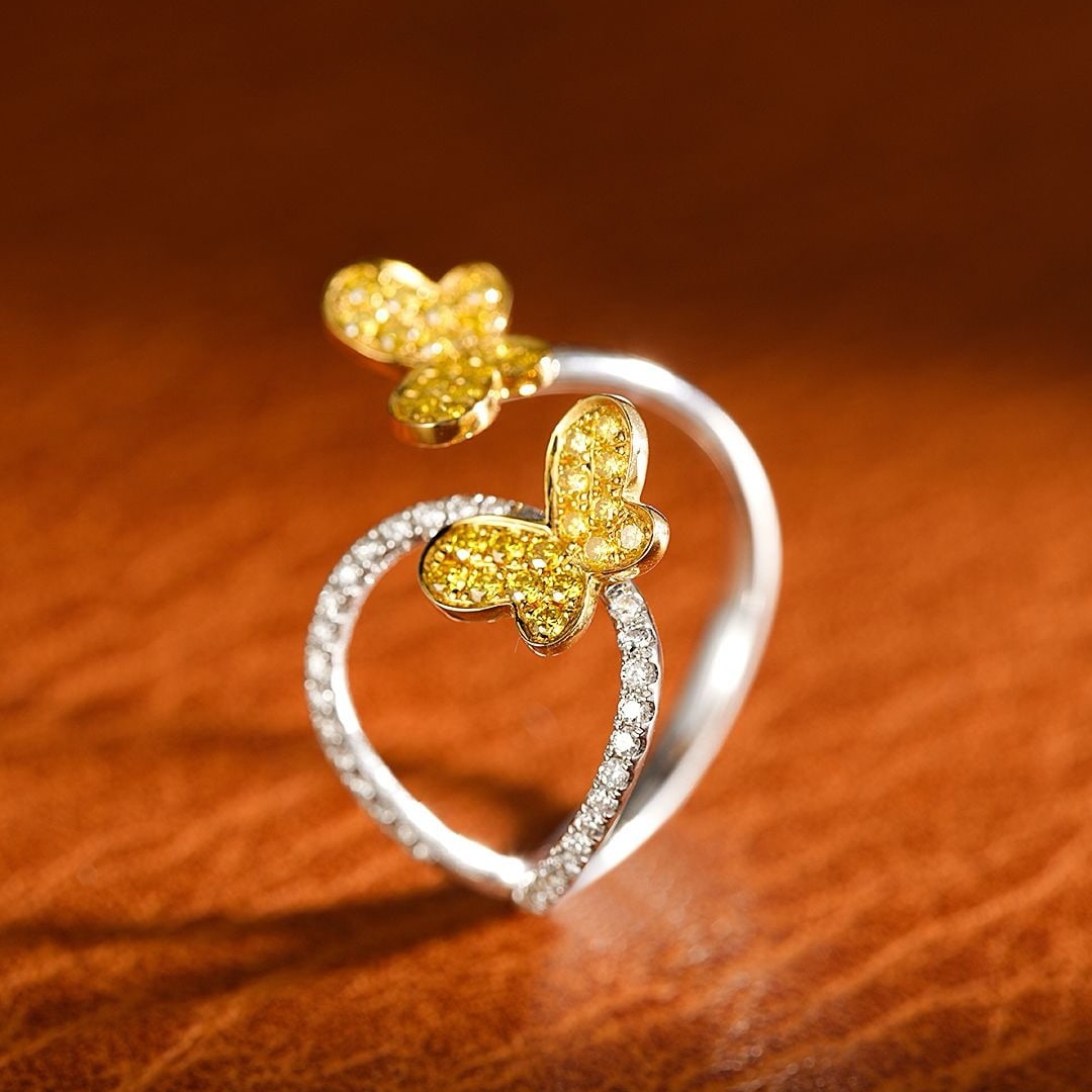 14k Gold 0.37 Ctw Natural Yellow Diamond & Diamond & Butterfly Ring - 2