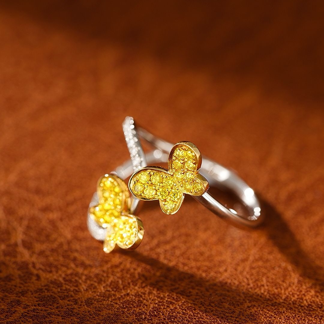 14k Gold 0.37 Ctw Natural Yellow Diamond & Diamond & Butterfly Ring - 3
