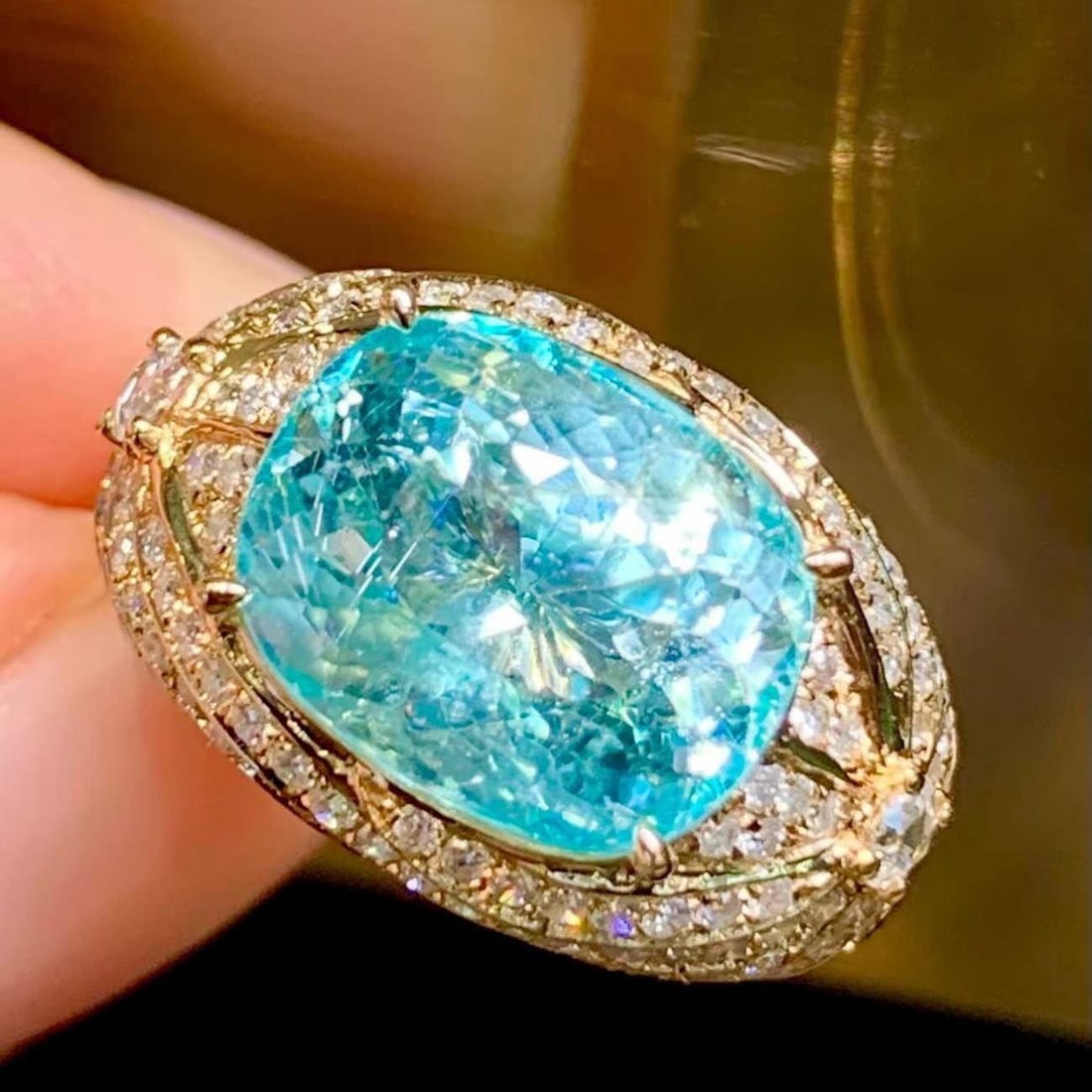 14k Gold 5.39 Ct Natural Paraiba Tourmaline & Diamond Ring: Ref:231181017 // gold content:14k gold // ring size:7. 25us // // main gemstone:paraiba tourmaline // shape:cushion // carat weight:5. 39ct // color:blue // treatment:natural // // adjacent gemstone 2