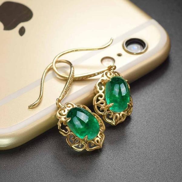 14k Gold 3.42 Ct Natural Emerald & Diamond Earrings - 2