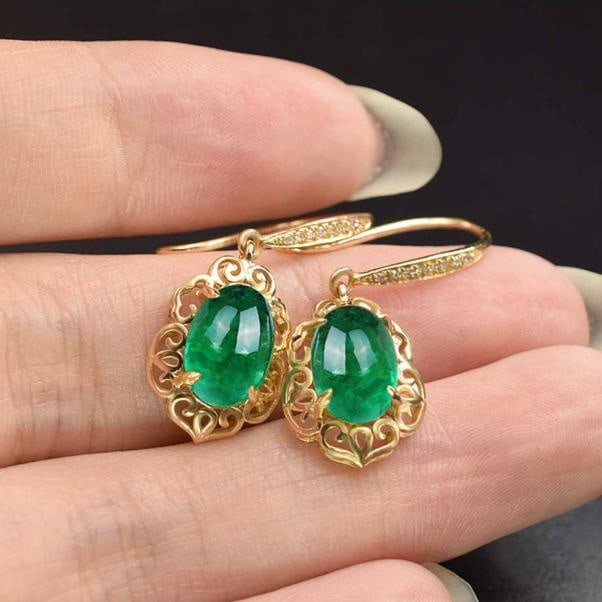 14k Gold 3.42 Ct Natural Emerald & Diamond Earrings - 3