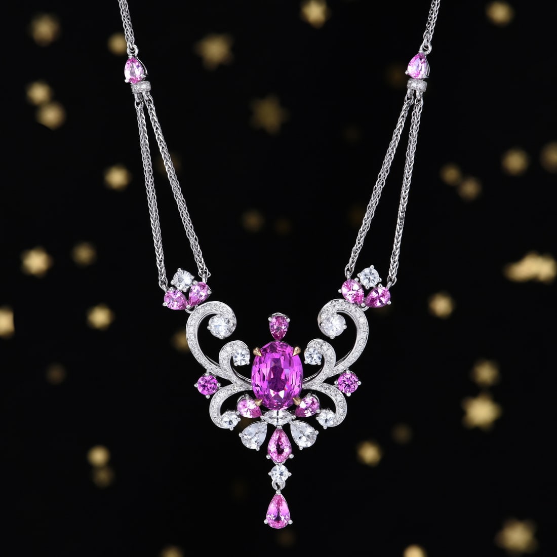 14k Gold 2.25 Ctw Natural Sapphire & Diamond Necklace: Ref:231181034 // gold content:14k gold // main gemstone:sapphire // shape:oval // carat weight:2. 03ct // color:pink // treatment:natural // // adjacent gemstone 2 : diamond // number of stones:76 //