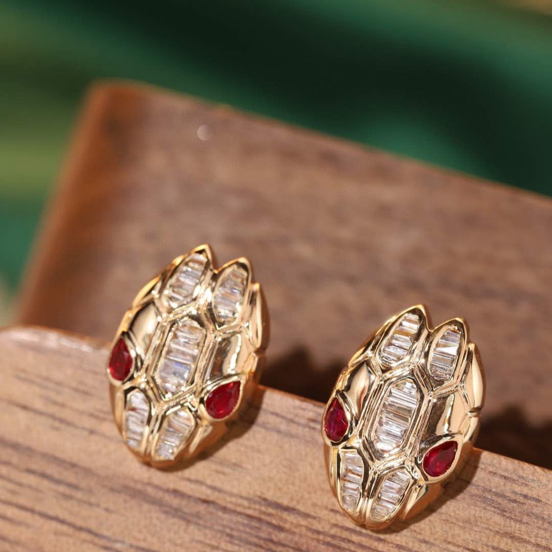 14k Gold 0.72 Ctw Natural Ruby & Diamond & Snake Earrings - 2