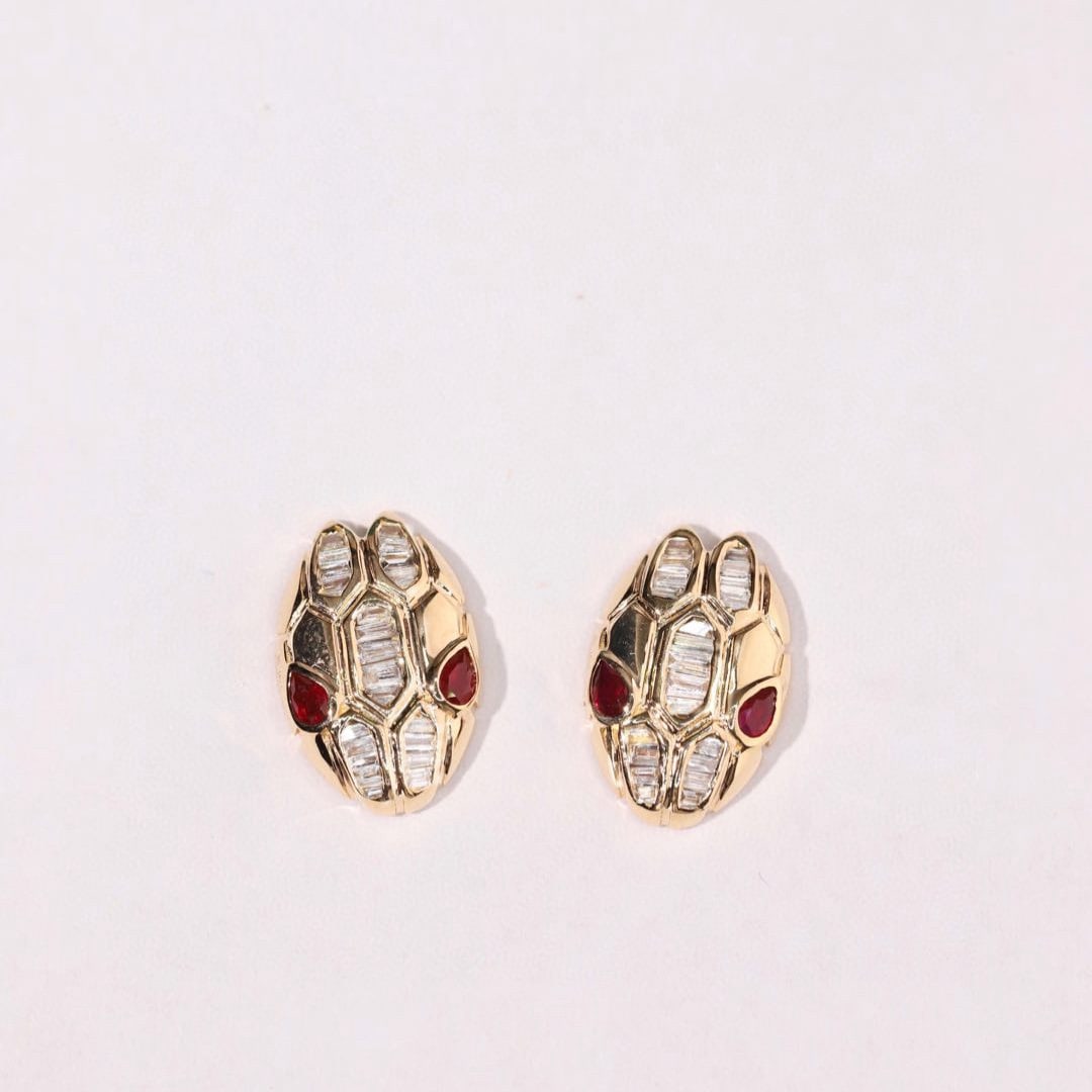 14k Gold 0.72 Ctw Natural Ruby & Diamond & Snake Earrings - 3