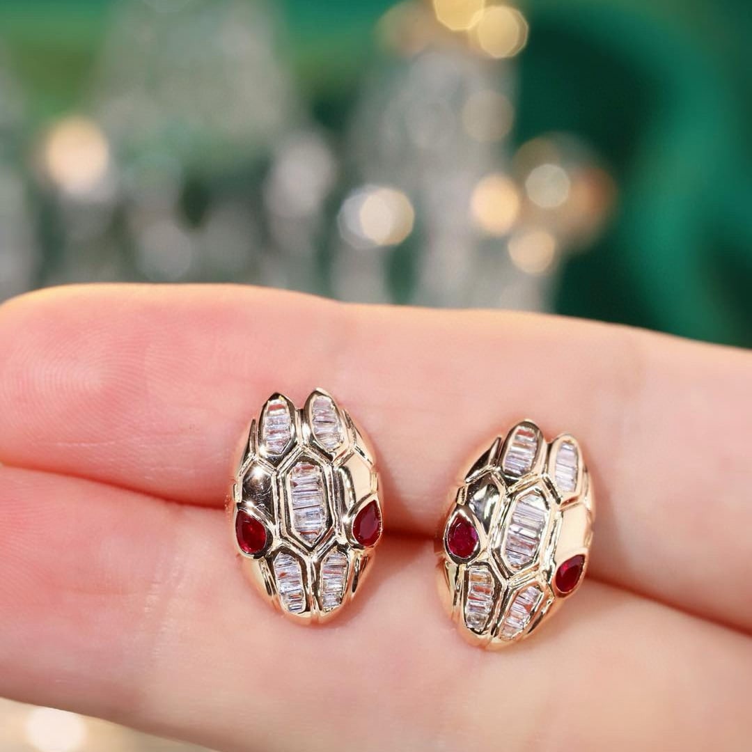 14k Gold 0.72 Ctw Natural Ruby & Diamond & Snake Earrings - 4