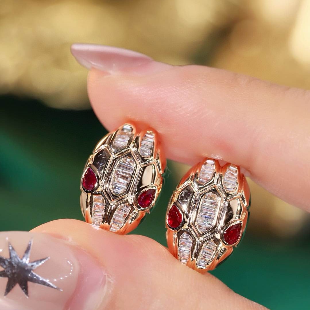 14k Gold 0.72 Ctw Natural Ruby & Diamond & Snake Earrings - 5
