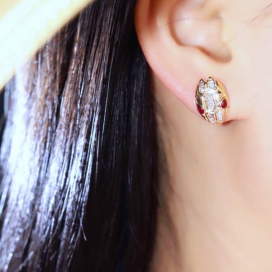 14k Gold 0.72 Ctw Natural Ruby & Diamond & Snake Earrings - 8