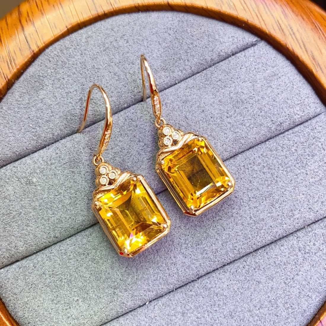14k Gold 9.2 Ct Natural Citrine & Diamond Earrings - 2