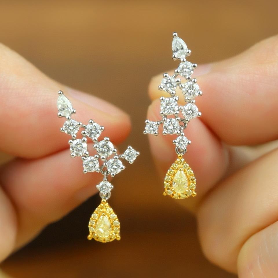 14k Gold 1.42 Ctw Natural Yellow Diamond & Diamond Earrings: Ref:231181101 // gold content:14k gold // main gemstone:yellow diamond // shape:pear // carat weight:0. 22ct // color:yellow // treatment:natural // // adjacent gemstone 2 : diamond // shape:multiple