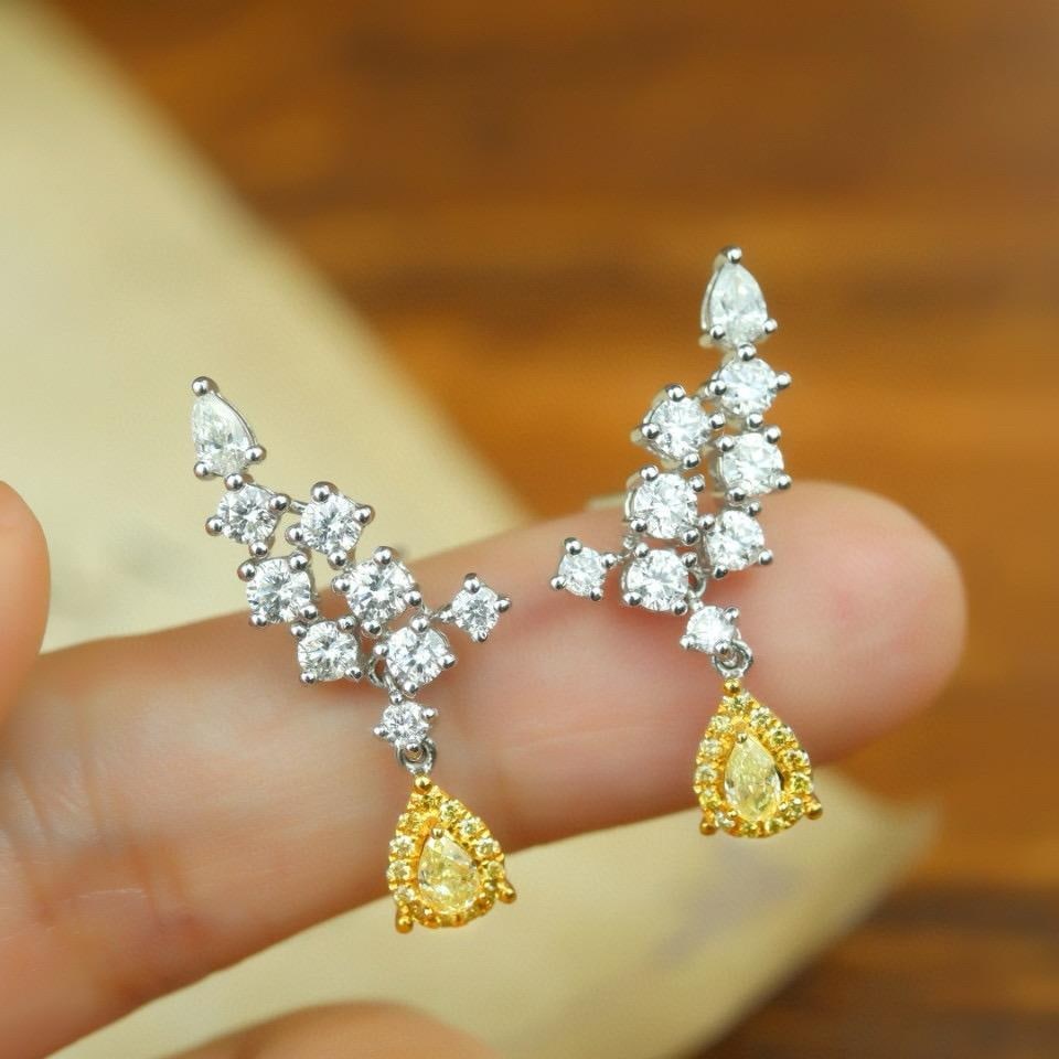 14k Gold 1.42 Ctw Natural Yellow Diamond & Diamond Earrings - 2