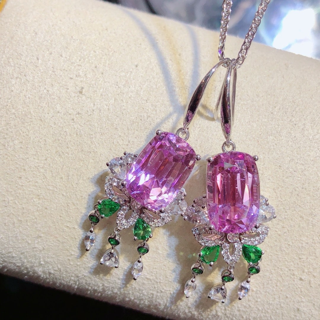 14k Gold 19.74 Ctw Natural Kunzite & Sapphire Earrings - 3