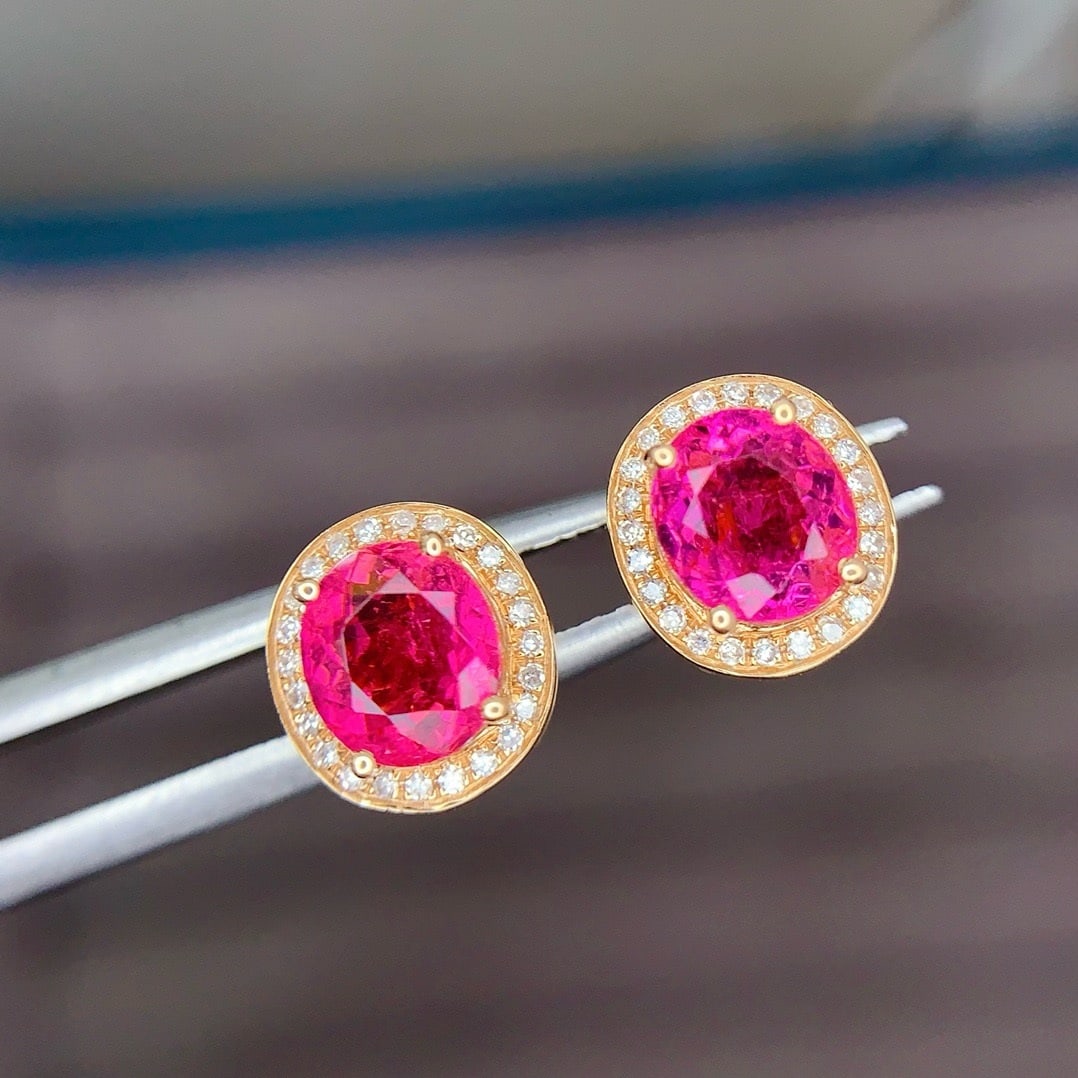 14k Gold 1.8 Ct Natural Tourmaline & Diamond Earrings - 2