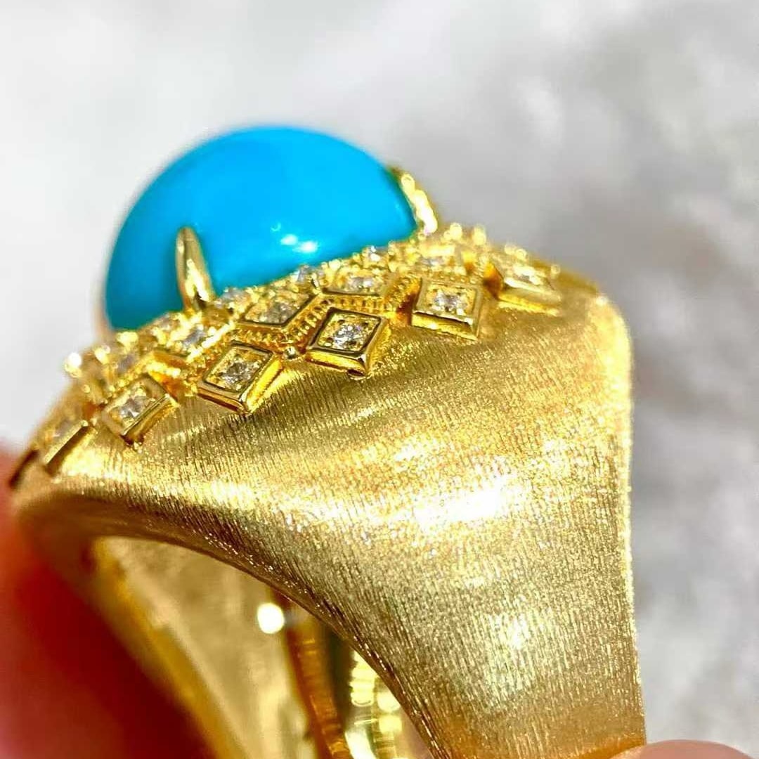 14k Gold 3.87 Ctw Natural Blue Turquoise & Diamond Ring - 2