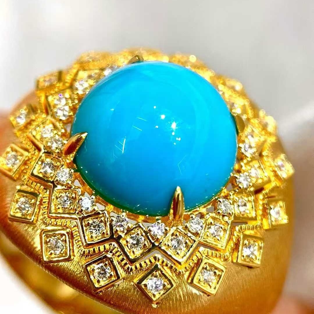 14k Gold 3.87 Ctw Natural Blue Turquoise & Diamond Ring - 3
