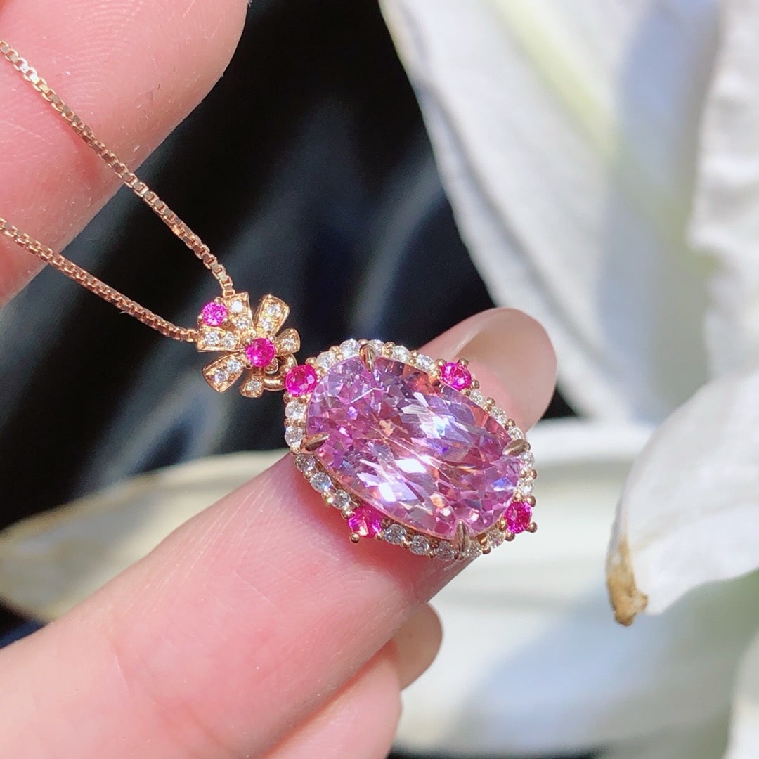 14k Gold 5.3 Ct Natural Kunzite & Diamond Pendant( Without Chain ) - 5
