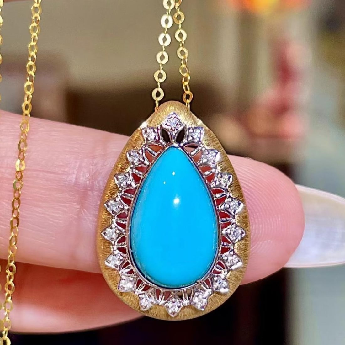 14k Gold 2.98 Ctw Natural Blue Turquoise & Diamond Pendant( Without Chain ): Ref:231181166 // gold content:14k gold // main gemstone:blue turquoise // shape:pear // carat weight:2. 91ct // color:blue // treatment:natural // // adjacent gemstone 2 : diamond // shape:round //