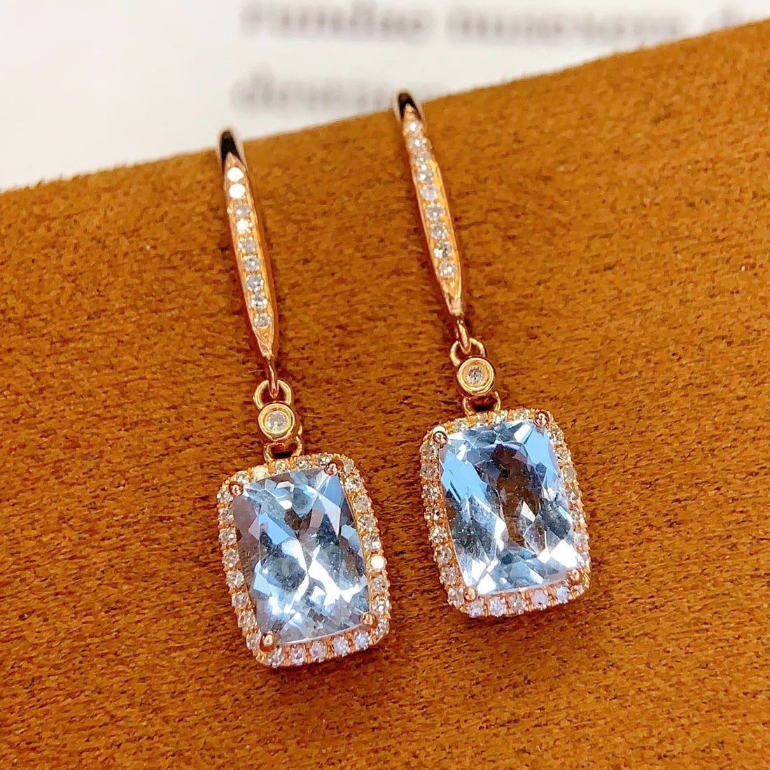 14k Gold 2 Ct Natural Aquamarine & Diamond Earrings - 2
