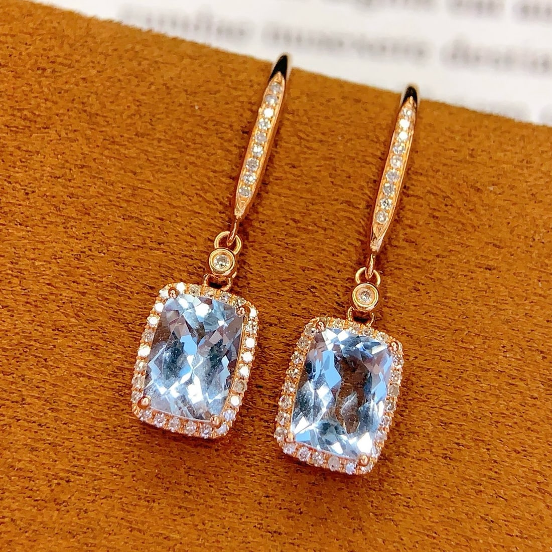 14k Gold 2 Ct Natural Aquamarine & Diamond Earrings - 4