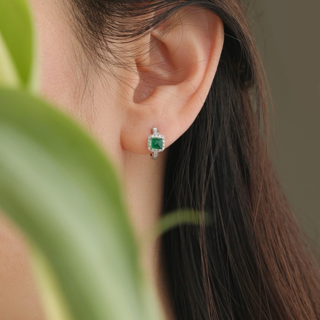 14k Gold 0.8 Ct Natural Emerald & Diamond Earrings - 7