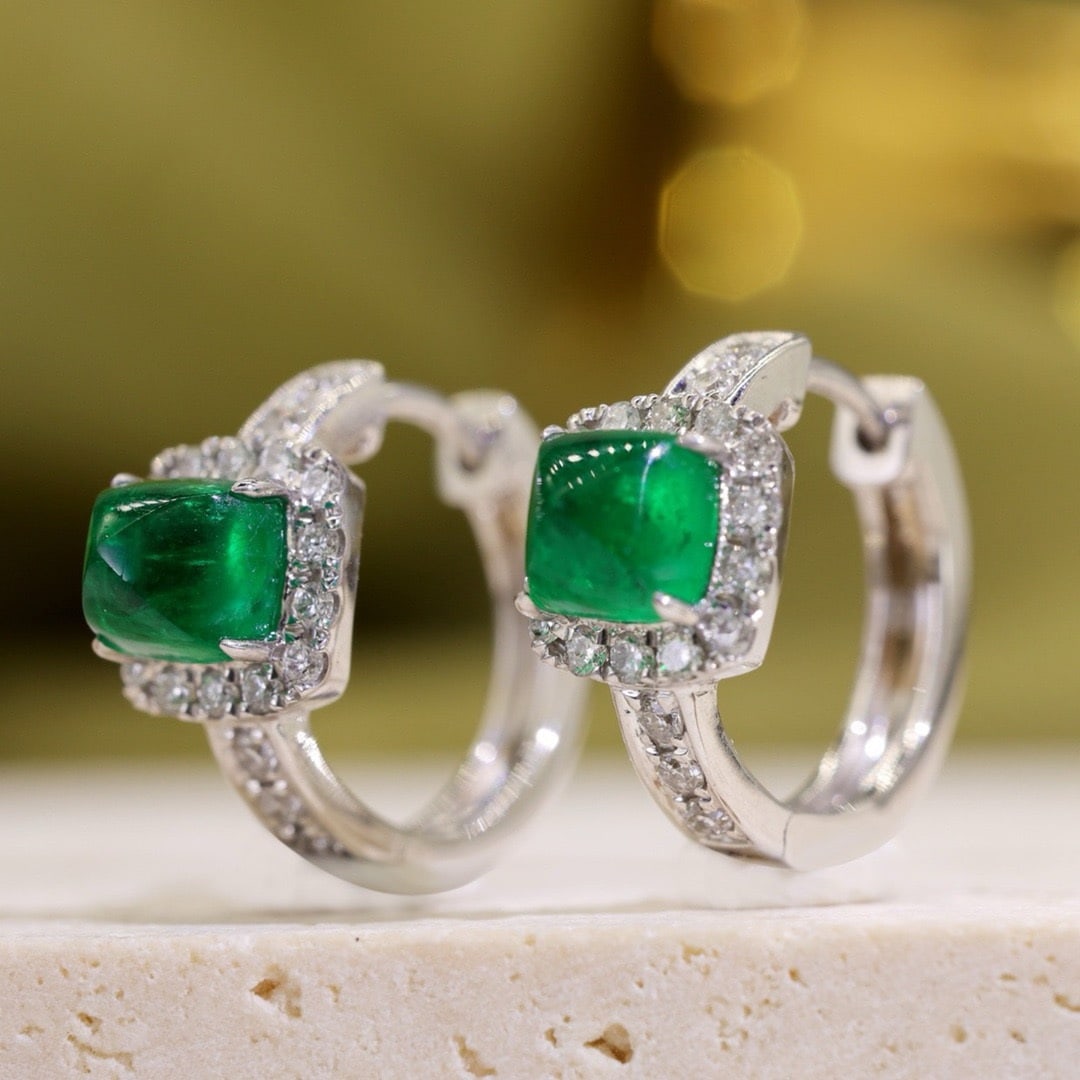14k Gold 0.8 Ct Natural Emerald & Diamond Earrings - 8