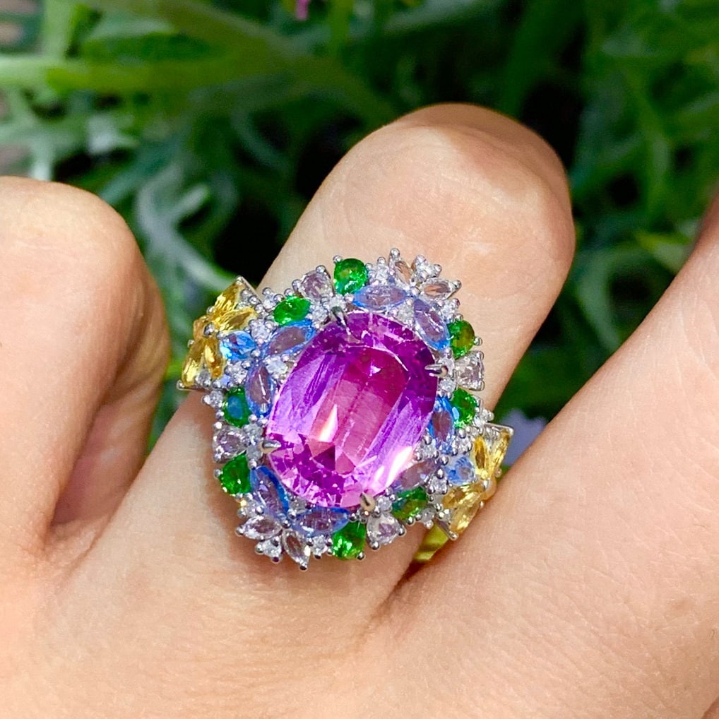 14k Gold 5.6 Ct Natural Kunzite & Diamond & Coloured Gemstone Ring - 2