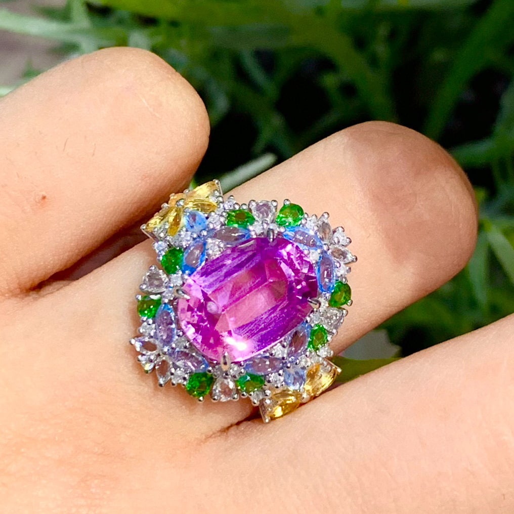 14k Gold 5.6 Ct Natural Kunzite & Diamond & Coloured Gemstone Ring - 5