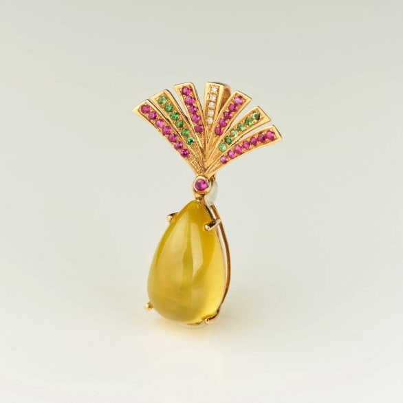 14k Gold 10.05 Ct Natural Prehnite & Diamond & Ruby & Tsavorite Pendant( Without Chain ) - 8