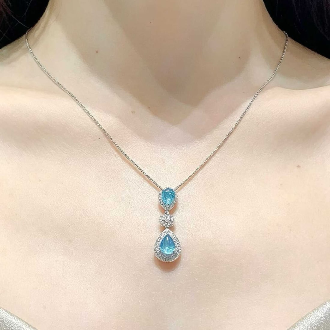 14k Gold 0.9 Ct Natural Paraiba Tourmaline & Diamond & Sapphire Pendant( Without Chain ) - 2