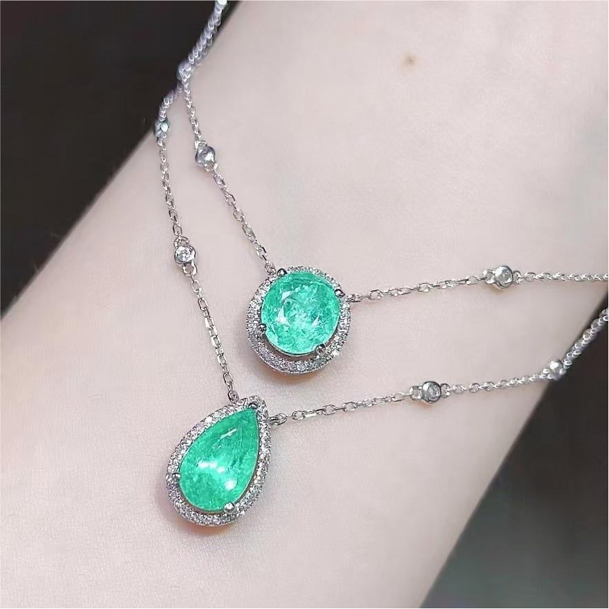 14k Gold 2.73 Ctw Natural Paraiba Tourmaline & Diamond Necklace: Ref:231181218 // gold content:14k gold // main gemstone:paraiba tourmaline // shape:multiple // carat weight:2. 37ct // color:green // treatment:natural // // adjacent gemstone 2 : diamond //