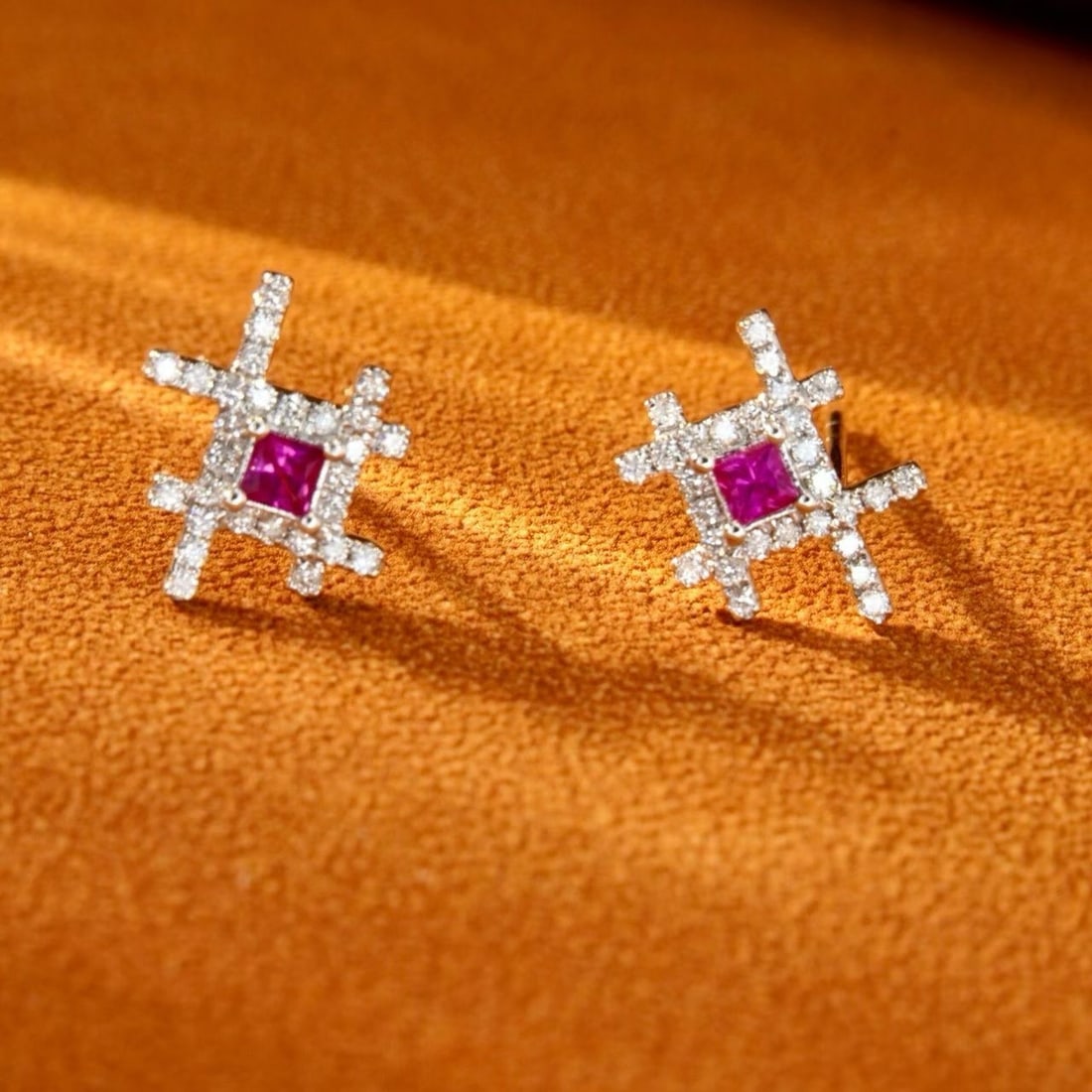14k Gold 0.48 Ctw Natural Ruby & Diamond Earrings: Ref:231181252 // gold content:14k gold // main gemstone:ruby // shape:princess // carat weight:0. 26ct // color:red // treatment:natural // // adjacent gemstone 2 : diamond // shape:round // carat