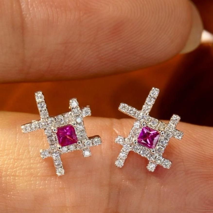 14k Gold 0.48 Ctw Natural Ruby & Diamond Earrings - 5