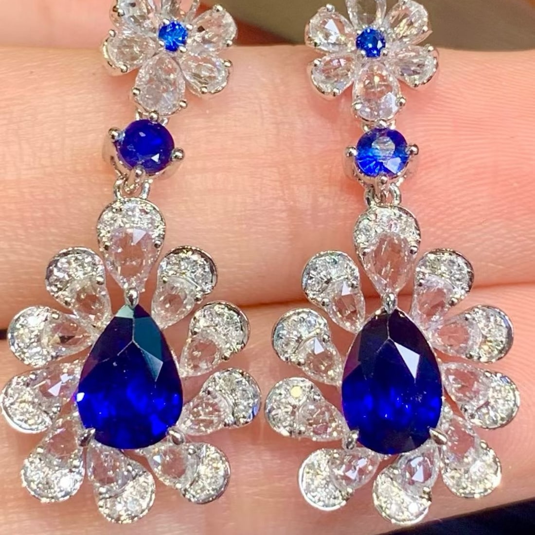 14k Gold 2.06 Ct Natural Sapphire & Diamond & Sapphire Earrings - 2