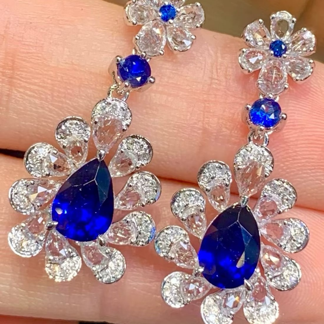 14k Gold 2.06 Ct Natural Sapphire & Diamond & Sapphire Earrings - 3