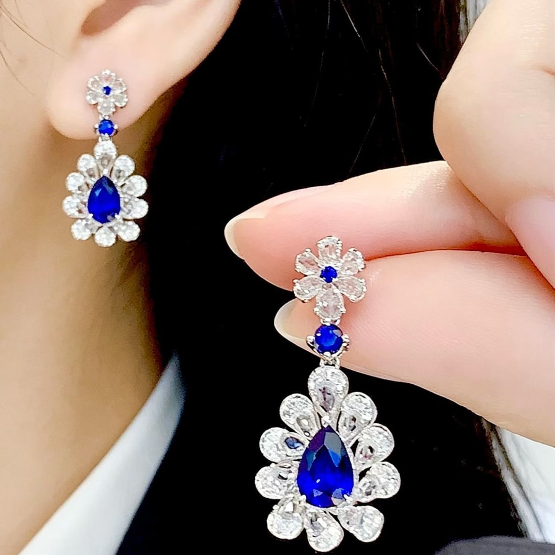 14k Gold 2.06 Ct Natural Sapphire & Diamond & Sapphire Earrings - 5