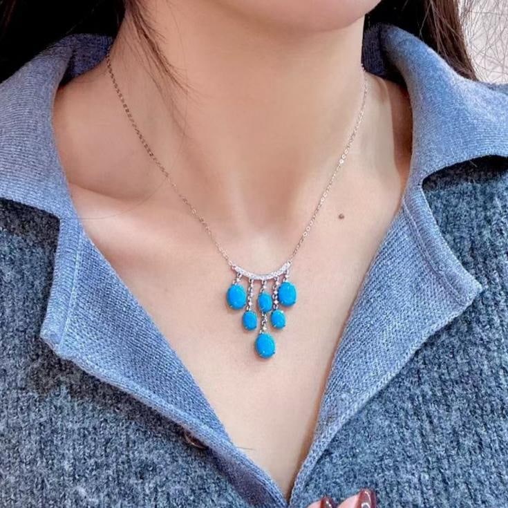14k Gold 7.73 Ctw Natural Blue Turquoise & Diamond Necklace - 4