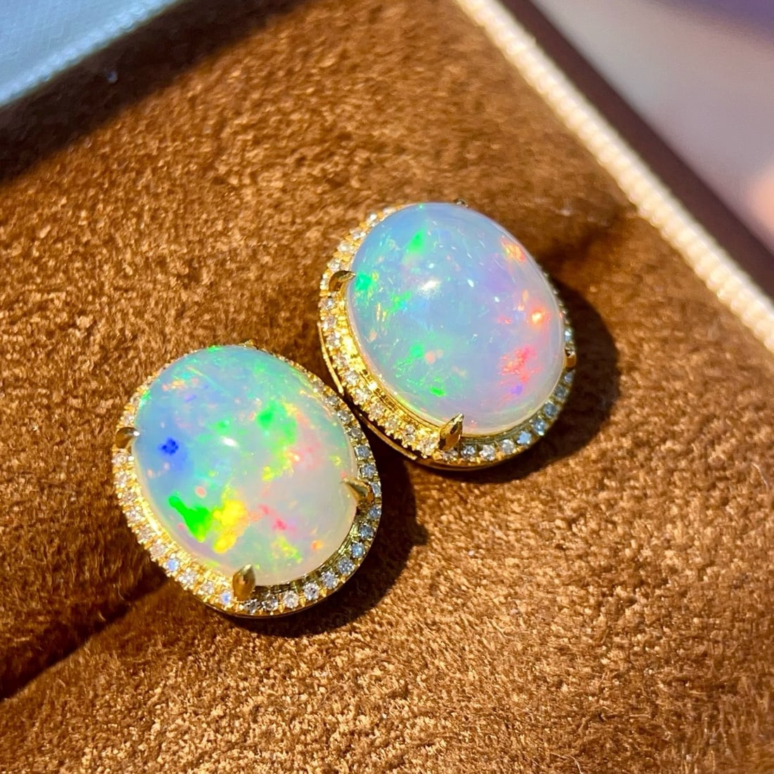 14k Gold 5.03 Ctw Natural Opal & Diamond Earrings - 2