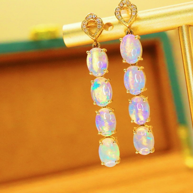 14k Gold 3.41 Ctw Natural Opal & Diamond Earrings - 2